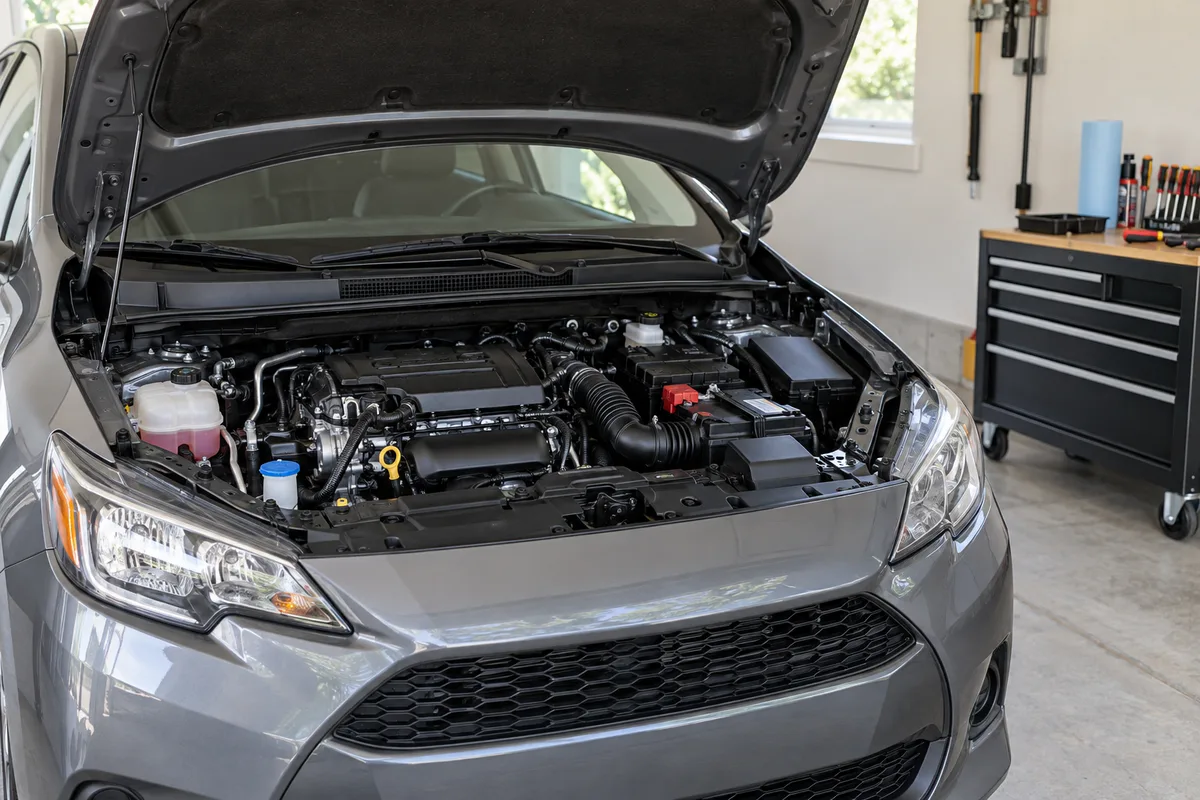 Moteur de voiture capot ouvert dans un garage de village