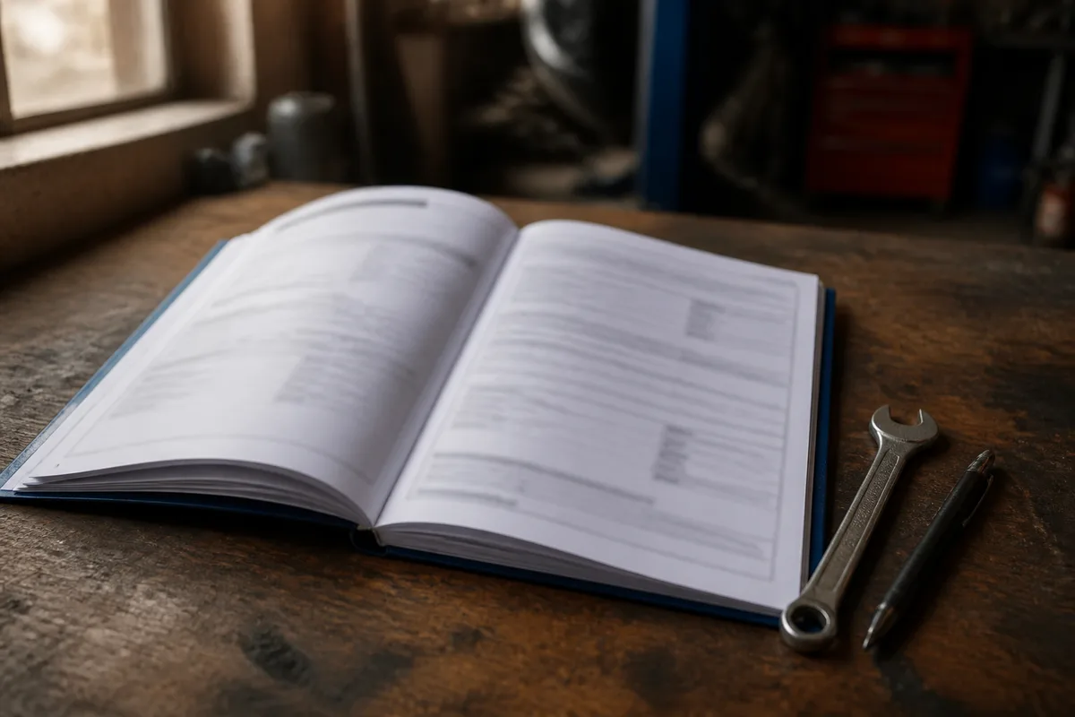 Carnet d’entretien automobile ouvert sur un plan de révision, posé sur un établi d’atelier
