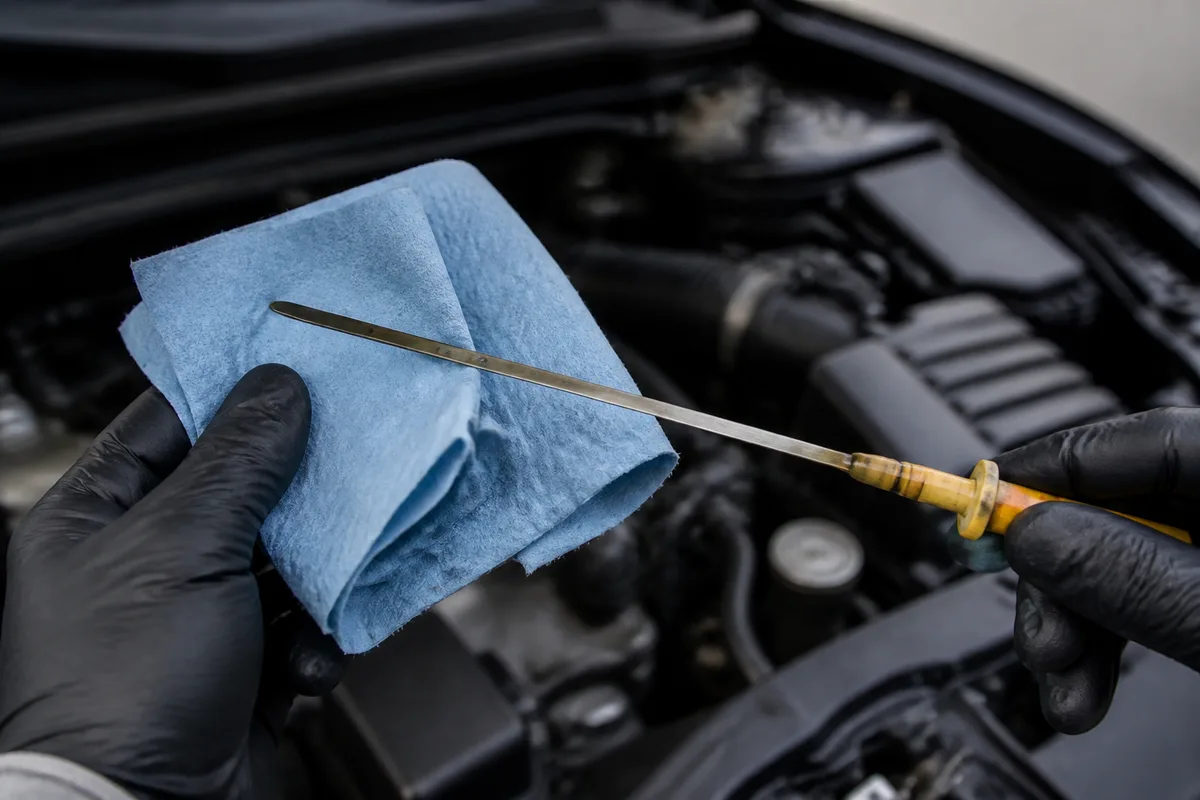 Mains d’un mécanicien vérifiant le niveau d’huile moteur avec la jauge, capot ouvert