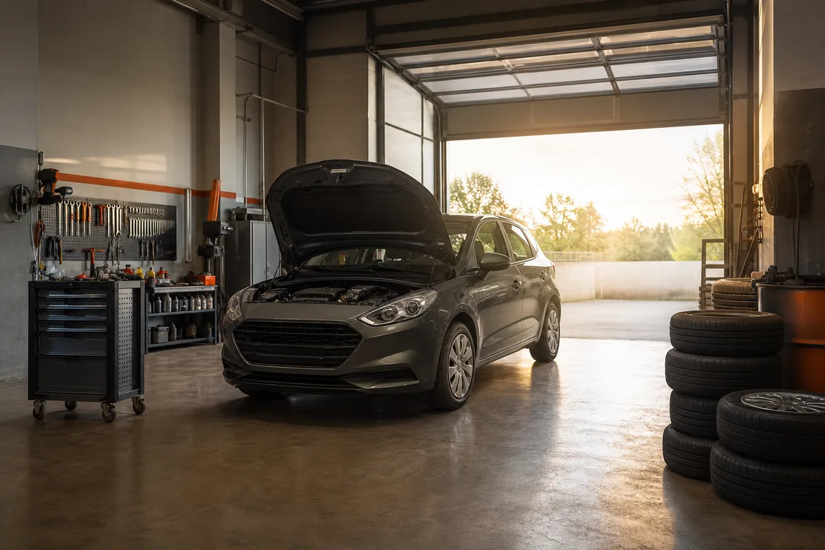 Élévateur d’atelier avec une voiture en révision, éclairage tamisé d’atelier mécanique