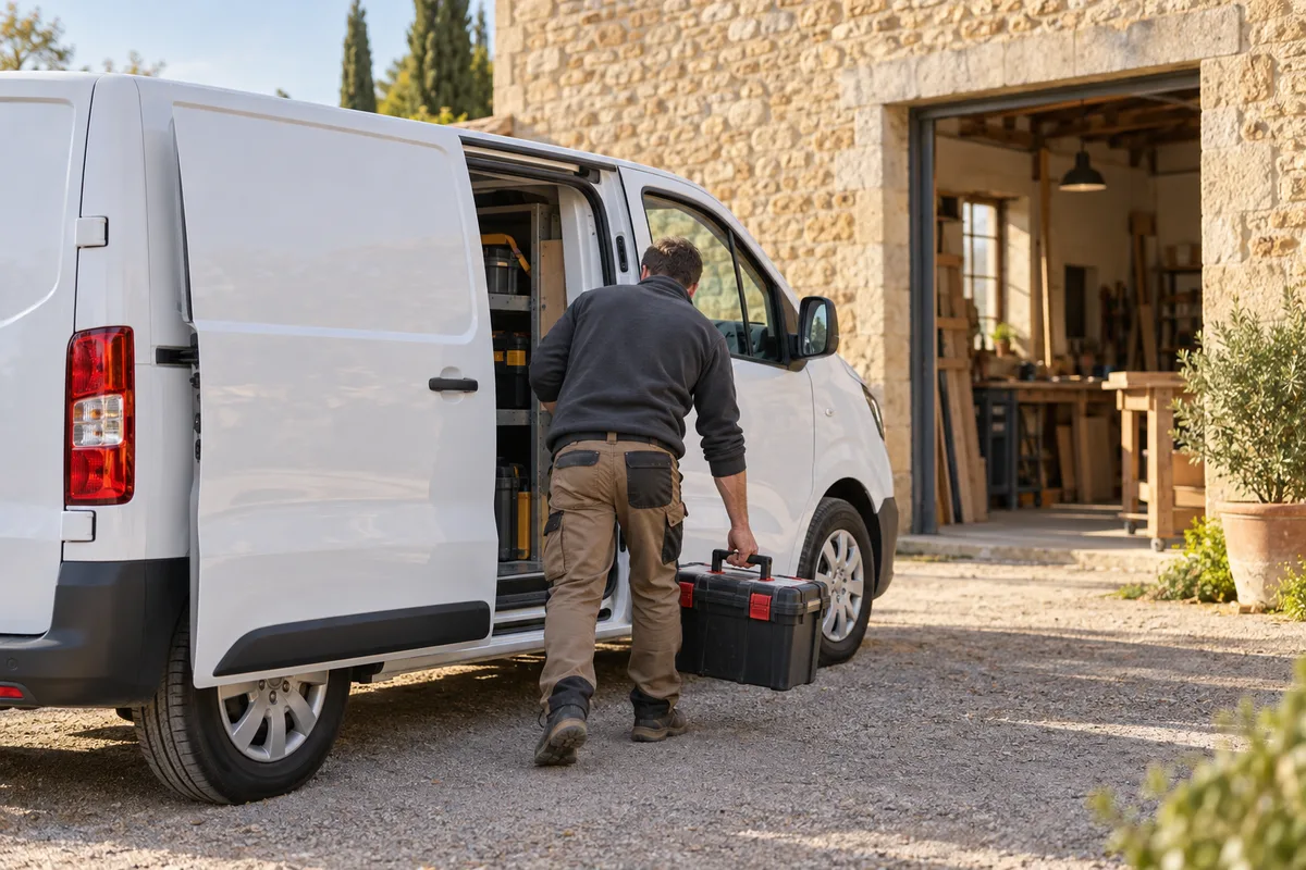 Artisan chargeant son matériel dans un fourgon neuf