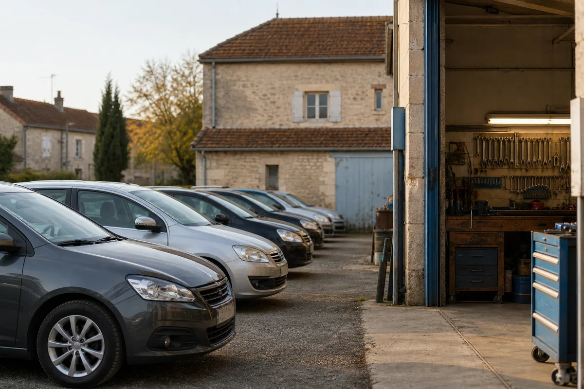 Voitures d&rsquo;occasion alignées sur un parc de vente