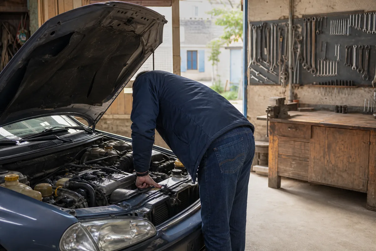 Acheteur inspectant le compartiment moteur d&rsquo;une voiture d&rsquo;occasion