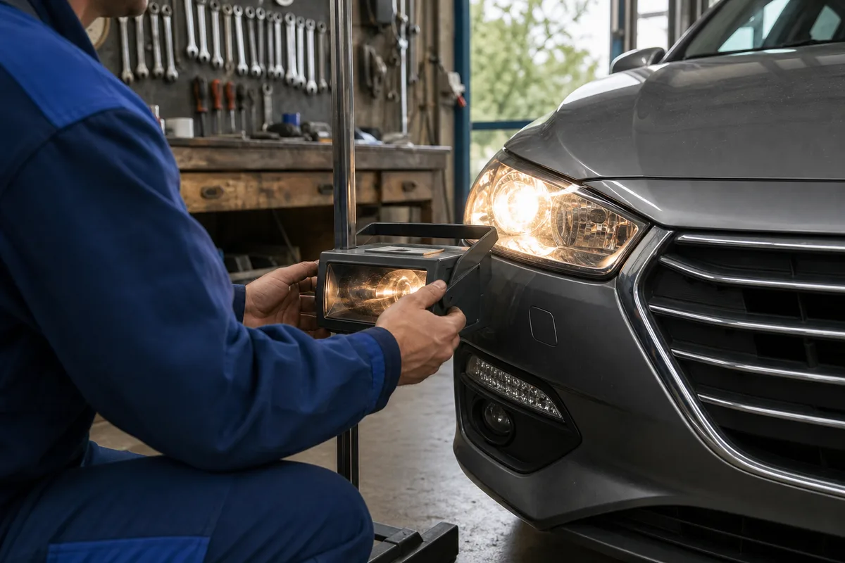 Contrôleur technique vérifiant l&rsquo;éclairage avant d&rsquo;une voiture