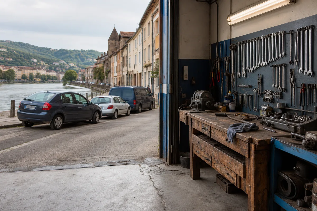 Rue commerçante de Trévoux avec des véhicules stationnés le long de la Saône