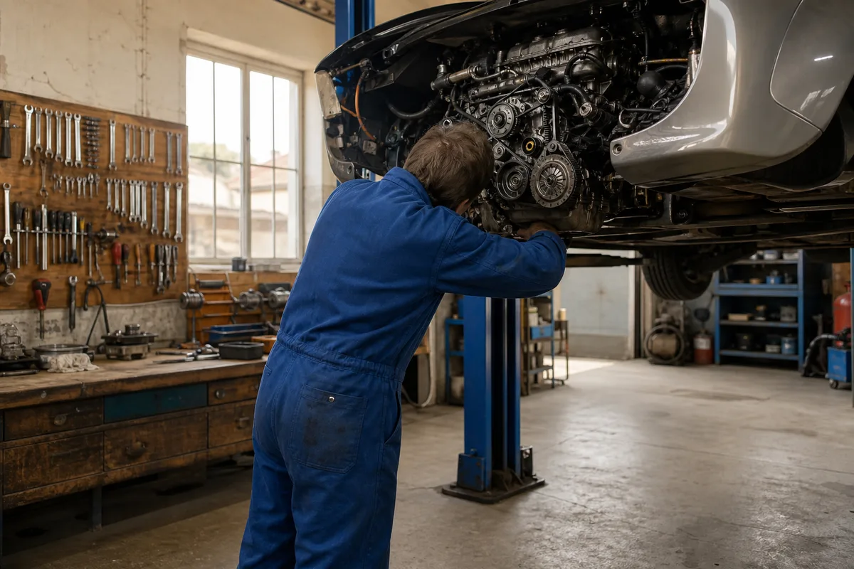 Technicien examinant un moteur sur un pont élévateur dans un atelier indépendant