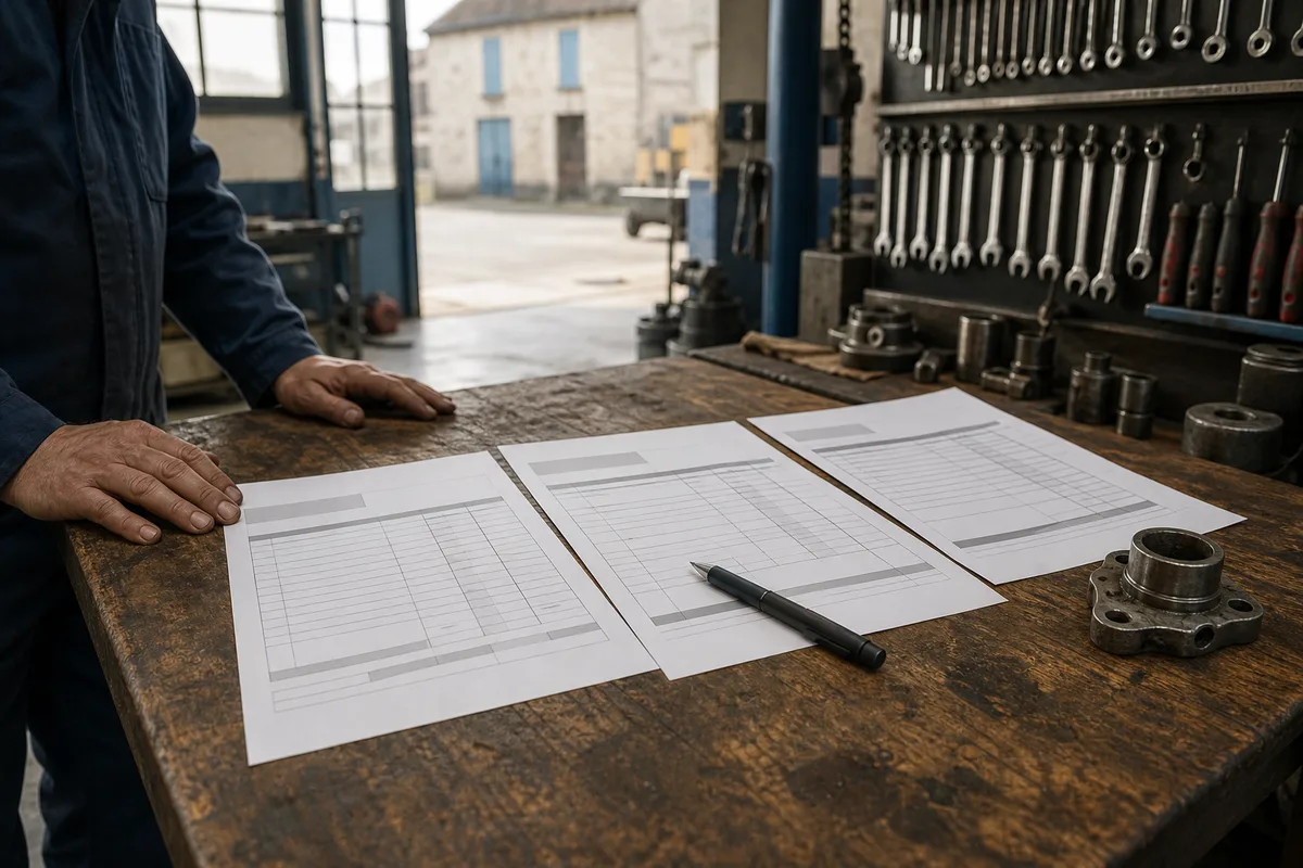 Comparaison de devis d&rsquo;entretien automobile posés sur un comptoir d&rsquo;atelier
